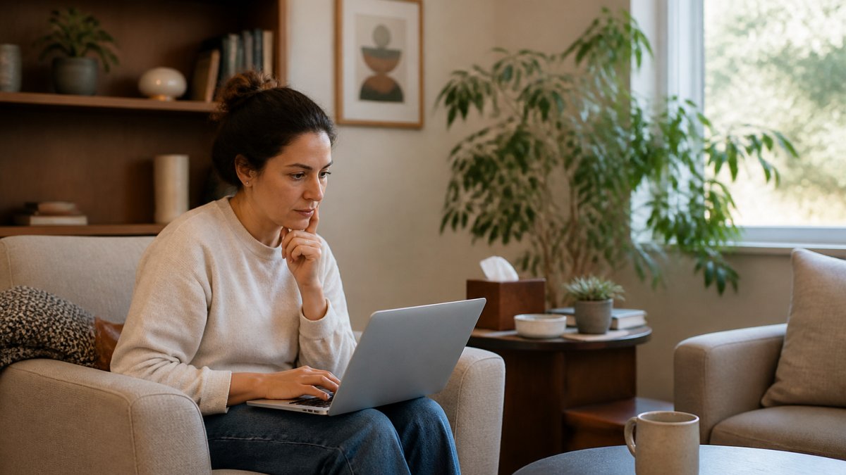 Person reviewing notes on a laptop in a bright office to find insightful counseling for their specific needs