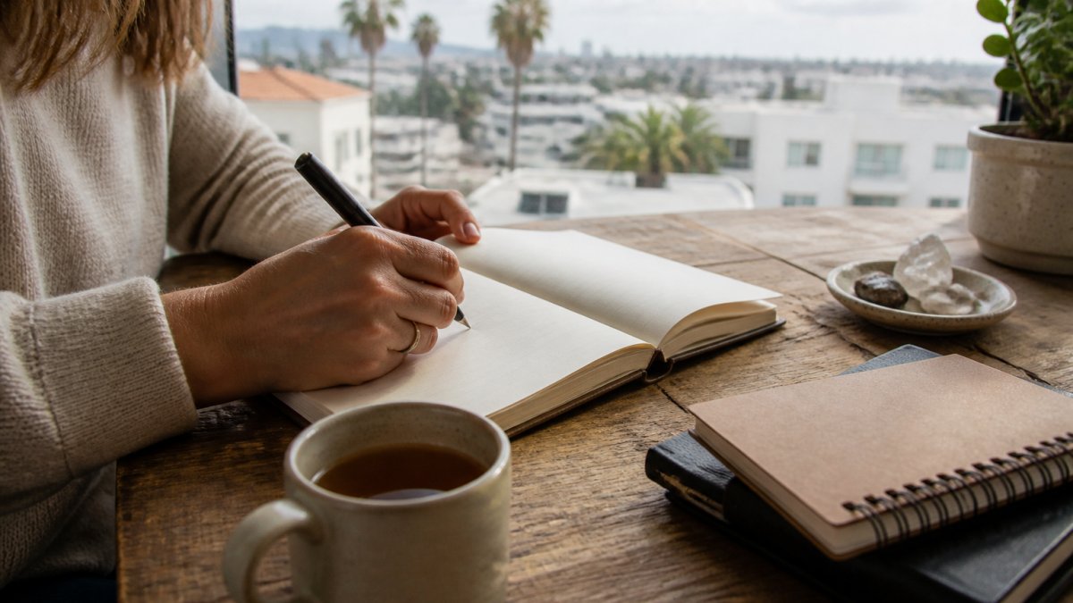 Person writing in a journal by a sunny window while exploring their authentic life purpose