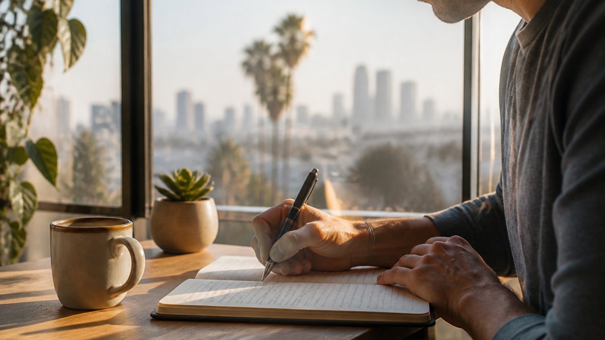 A person sitting by a large window in a bright Los Angeles apartment at sunrise, writing in a journal with a mug of coffee nearby, calm and reflective mood