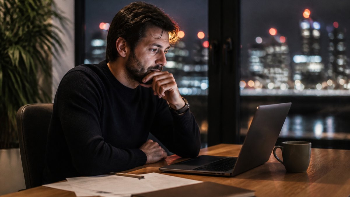A founder sitting alone at a desk late at night, laptop open with financial spreadsheets, city lights visible through a window, coffee cup nearby, expression thoughtful rather than stressed