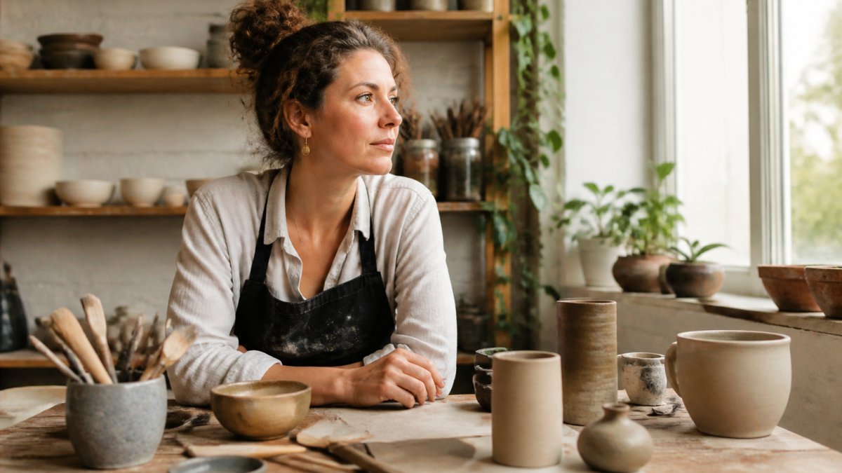 Creative professional sitting at a workspace with natural morning light streaming through windows, looking calm and focused with hands resting on desk, suggesting clarity and renewed creative energy