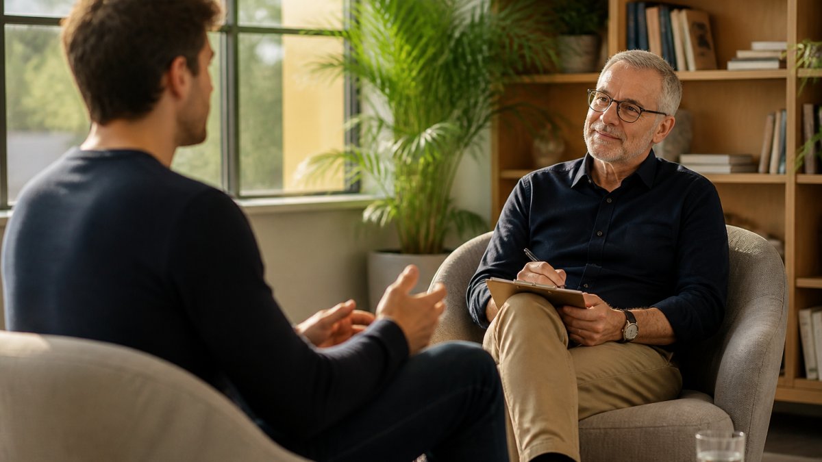 Therapist and client sitting in a comfortable, modern office with soft natural lighting, engaged in conversation with open body language and relaxed postures